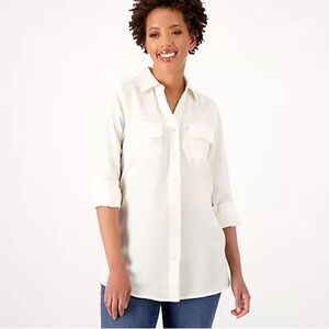 Denim & Co. Roll Tab Sleeve Button Front Soft Utility Tunic